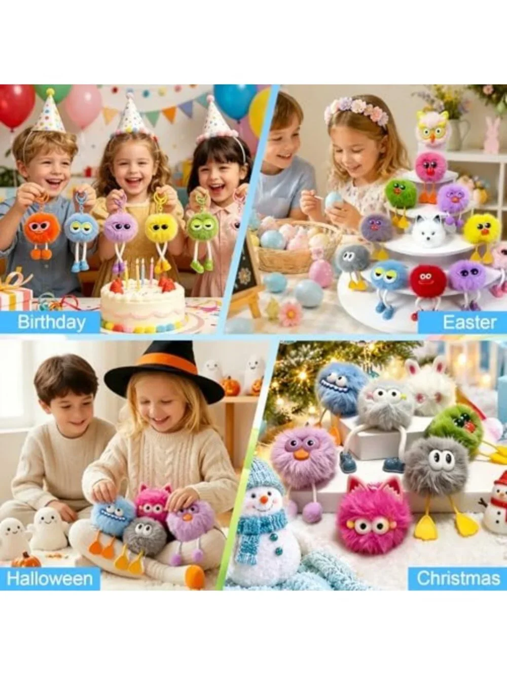 Fuzzy Plush Keychains for Kids' Birthday Party Favors - Bulk Set, Fun Gifts